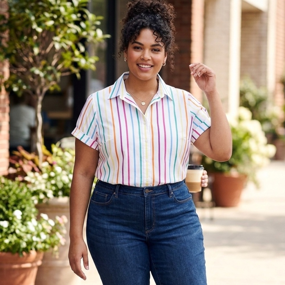 LANDS' END Plus 18W Rainbow Stripe Blouse No-Iron Supima Cotton Classic Preppy